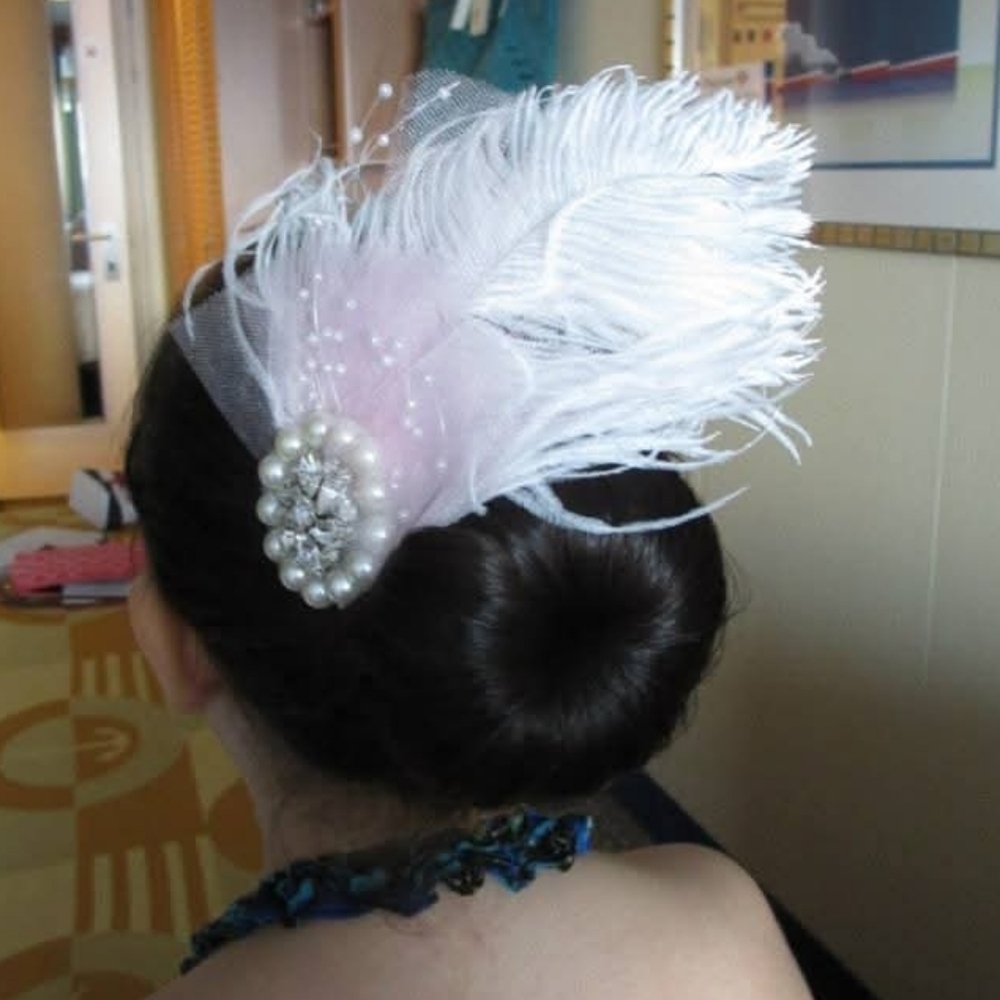 Handmade White Feather Pink and Rhinestone Large Flapper Hair Clip Barrette